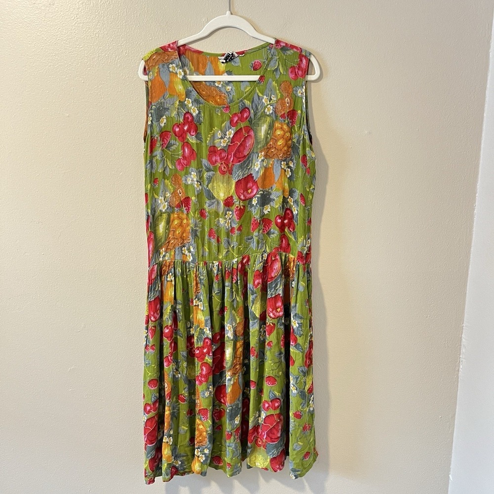 Women's Vtg Dress Fruit Strawberry Citrus Novelty Print Drop Waist Tunic Art M